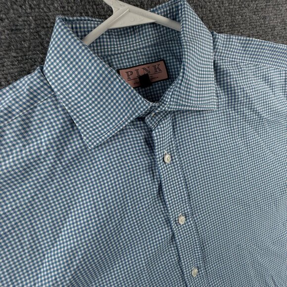 Thomas Pink 16.5 35 Classic Fit Blue Check Button Up Shirt Long Sleeve Woven - Picture 7 of 16